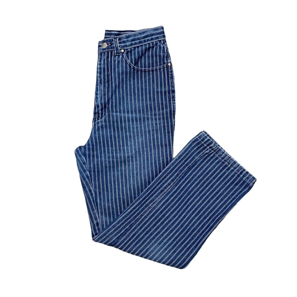 Vintage Sergio Valente High Rise Pin Stripe Straight Leg Cropped Indigo Jean - Picture 1 of 6